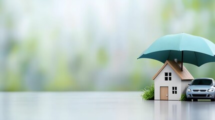 A house with an umbrella and a car, symbolizing protection and safety.