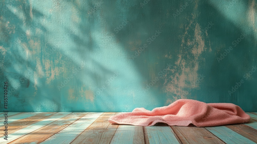 Poster cozy pastel towel draped on wooden floor with textured teal background and soft shadows creating a w