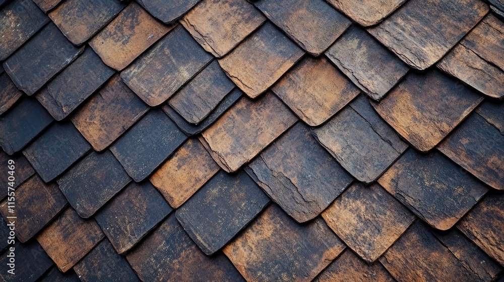 Poster brown bituminous shingle roofing texture in close-up detailed view showcasing layered design and wea