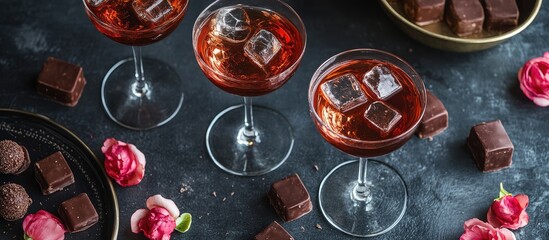 Obraz premium Elegant table setting with cocktails and chocolates for a festive celebration surrounded by rose accents