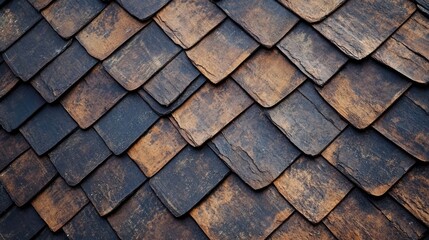 Brown bituminous shingle roofing texture in close-up detailed view showcasing layered design and weathered appearance for architectural use