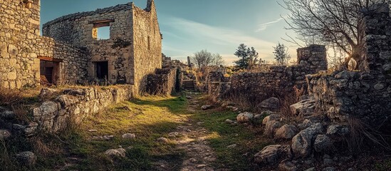 Ancient medieval village ruins with stone walls and overgrown path set in a serene landscape under a clear sky in the countryside