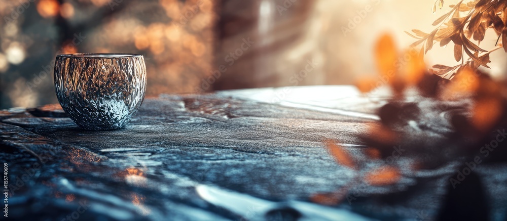 Poster textured tabletop with intricate designs and soft bokeh background highlighting a decorative bowl an