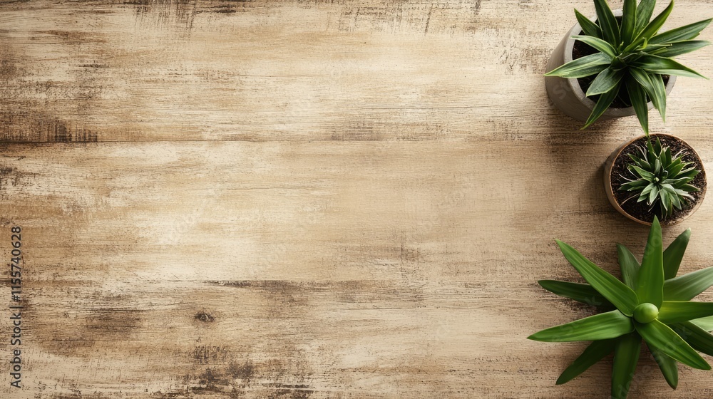 Poster wooden table background with decorative plants creating a serene and inviting space for showcasing p