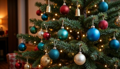 Fototapeta premium Christmas Tree Decorated with Festive Ornaments Representing Holiday Cheer