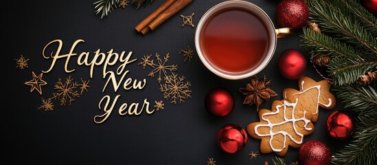 Happy New Year celebration with tea, gingerbread cookies, red ornaments, cinnamon sticks, and fir branch on a dark background