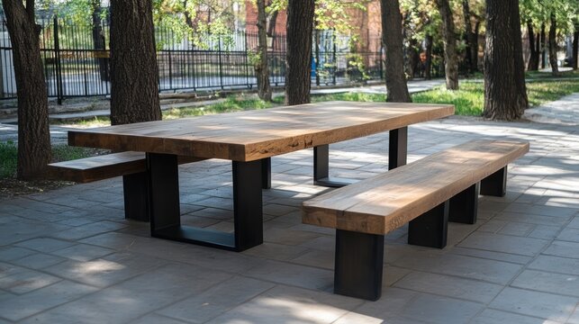 Outdoor wooden table and benches in a park setting surrounded by trees ideal for relaxation and social gatherings