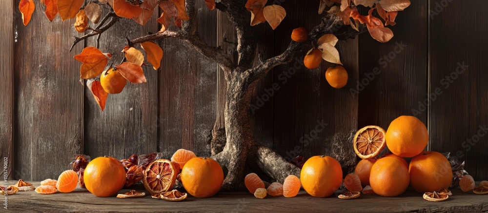 Poster tangerines and dried orange tree decor with candies arranged on rustic wooden background creating a 