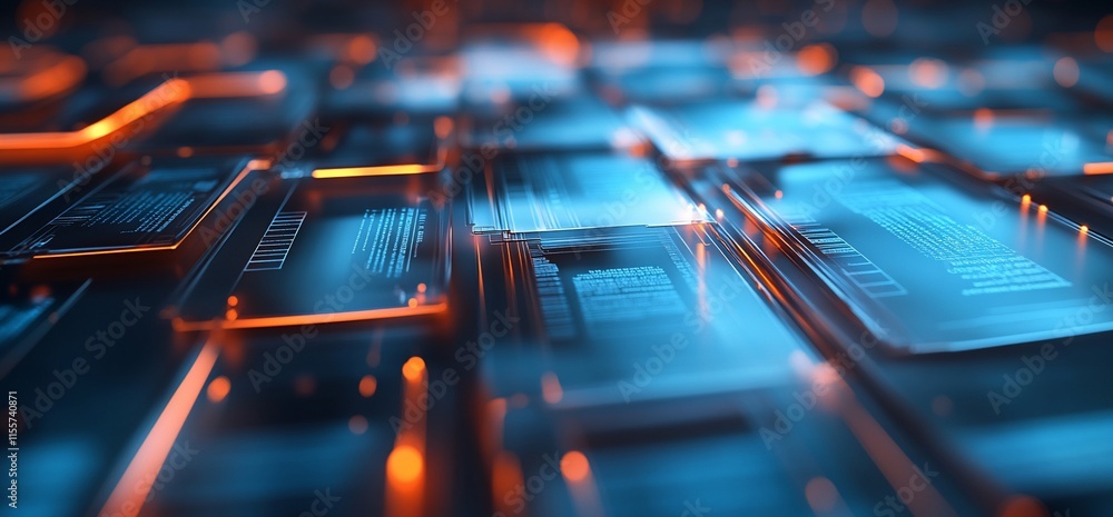 Poster abstract digital landscape featuring illuminated data panels and circuitry.