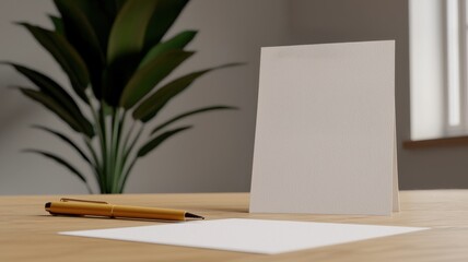 Fototapeta premium Property loan and financial planning concept. A minimalistic workspace featuring a blank card, a sheet of paper, a pencil, and a decorative plant in a serene environment.