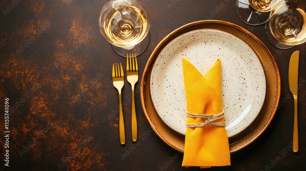 Poster elegant table setting with golden cutlery and yellow napkin on rustic background featuring plate and