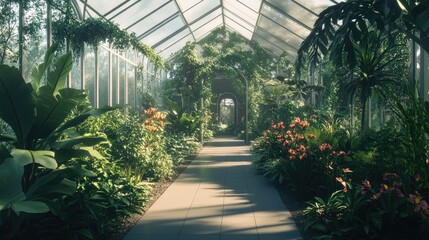 Embrace tranquility in a lush greenhouse with vibrant flora and serene pathways illuminated by natural light.