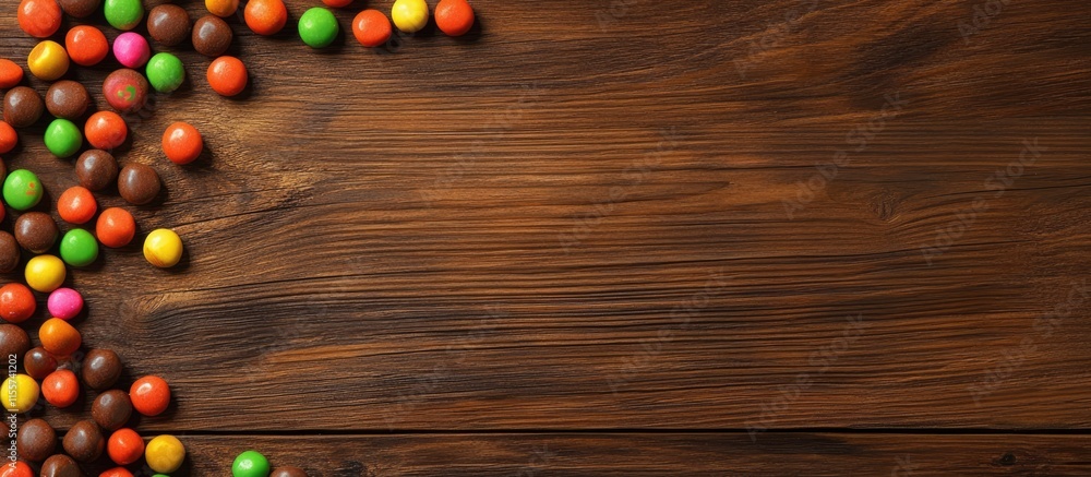 Aufkleber colorful candy assortment on a rustic wooden table creating a vibrant and inviting background for sw