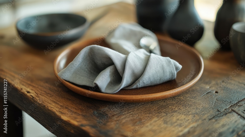 Aufkleber elegant table setting featuring a neatly folded grey linen napkin on a rustic brown plate with compl