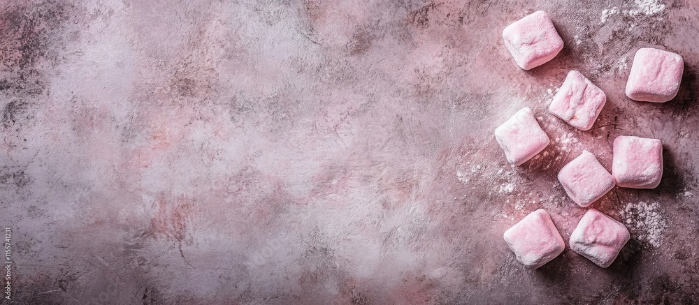 Poster delicate pink marshmallows arranged artistically on a rustic textured surface with ample copy space 