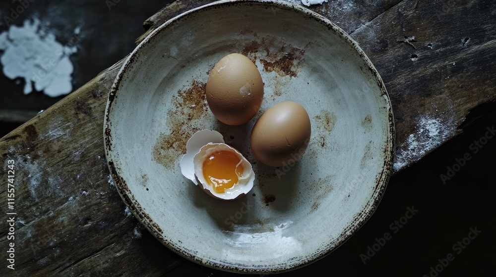 Poster two empty eggs and a broken shell with yolk on a rustic plate resting on a wooden surface, capturing