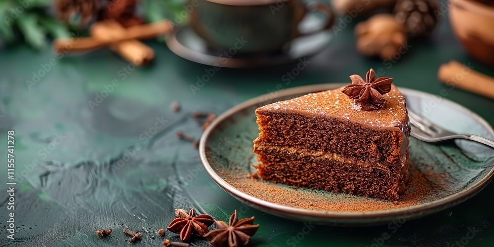 Poster a close-up and top shot of a gingerbread cake slice with molasses icing cinnamon and ginger on a dar