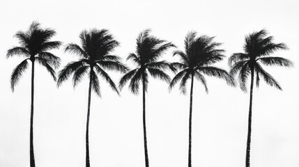 Silhouetted tall palm trees against a white background creating a serene and tropical atmosphere ideal for relaxation themes.