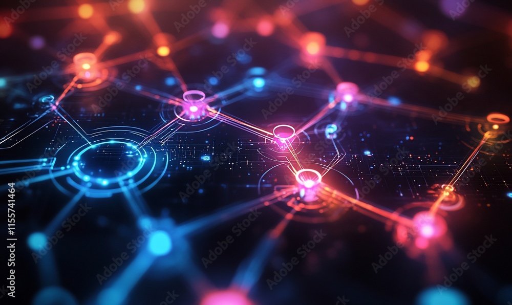 Poster abstract digital network illustration with glowing nodes and connections.