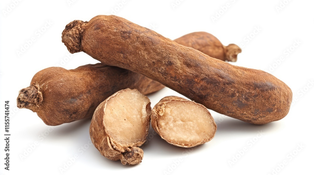 Poster tamarind pods and pulp on a white background showcasing the unique texture and natural appearance of