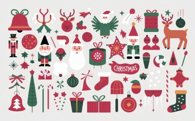  Set of red Christmas elements including Santa, deer, and cookie
