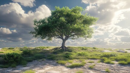 Solitary tall tree standing majestically in a serene landscape under a dramatic sky with clouds and lush green grass.