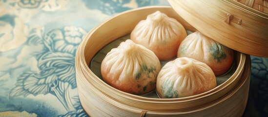Deliciously crafted steamed buns in bamboo steamer, featuring delicate textures and vibrant colors on a traditional patterned background