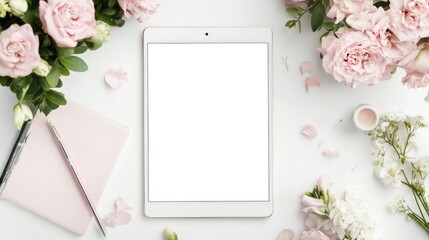 Blank tablet PC surrounded by pink roses and floral elements on a white background for modern digital workspace or greeting purposes.