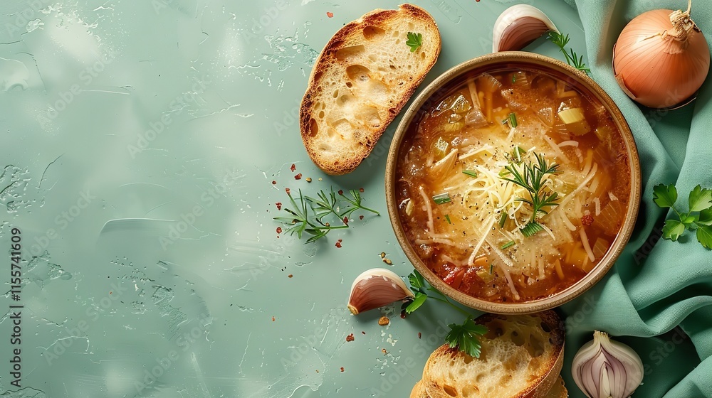Poster a close shot of of onion soup with bread and cheese from above and up close, set against a pale gree