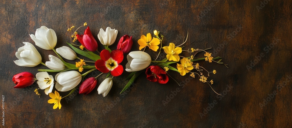 Poster spring flowers in a vertical arrangement on a rustic wooden background featuring tulips and yellow b