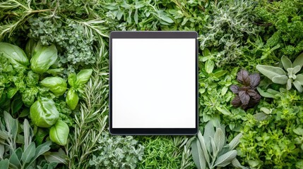 Tablet PC surrounded by fresh herbs on a green background with empty screen for promotional or design use in natural settings