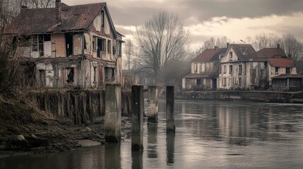 Naklejka premium Decaying riverside houses reflect history with concrete pillars standing amidst tranquil waters and moody skies in a forgotten landscape.