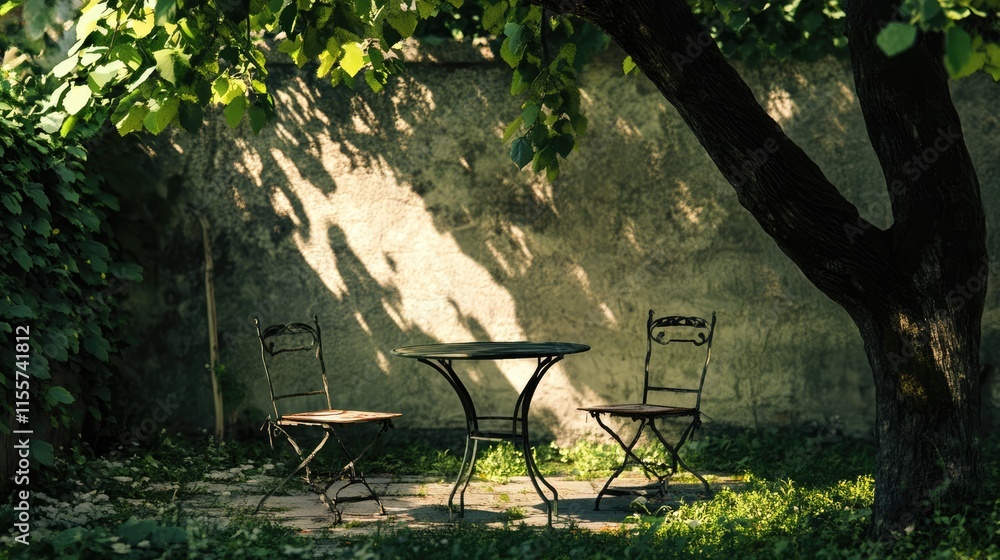 Poster tranquil garden scene featuring a round table and chairs under the shade of a tree with dappled sunl