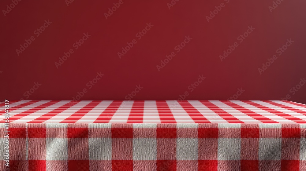 Poster red and white checkered tablecloth on a wooden table against a solid red background creating a warm 