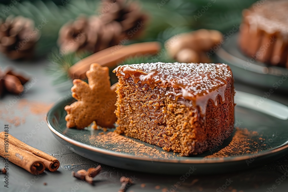 Poster a close-up and top shot of a gingerbread cake slice with molasses icing cinnamon and ginger on a dar