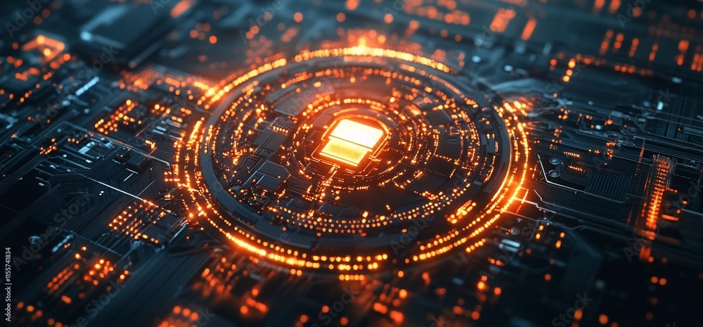 Aufkleber abstract digital circuit design with glowing elements and a central focus.