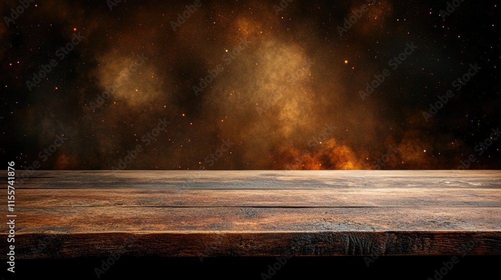 Aufkleber rustic wooden table surface with cosmic background creating an inviting atmosphere for cafe or resta