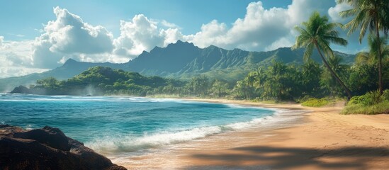 Obraz premium Beach landscape showcasing powerful waves and a beautiful lagoon surrounded by lush greenery and distant mountains under a clear sky.