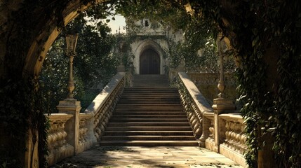 Fototapeta premium Mystical Castle Entrance with Lush Greenery and Elegant Stone Ramp Leading to Majestic Doors