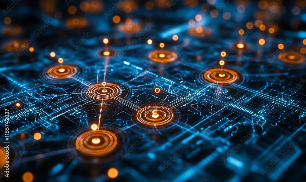 Poster abstract digital network with glowing nodes and connections.