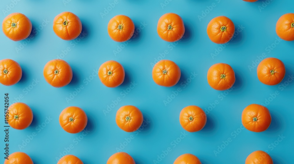 Poster tangerines arranged in a symmetrical pattern on a vibrant blue background showcasing their bright co