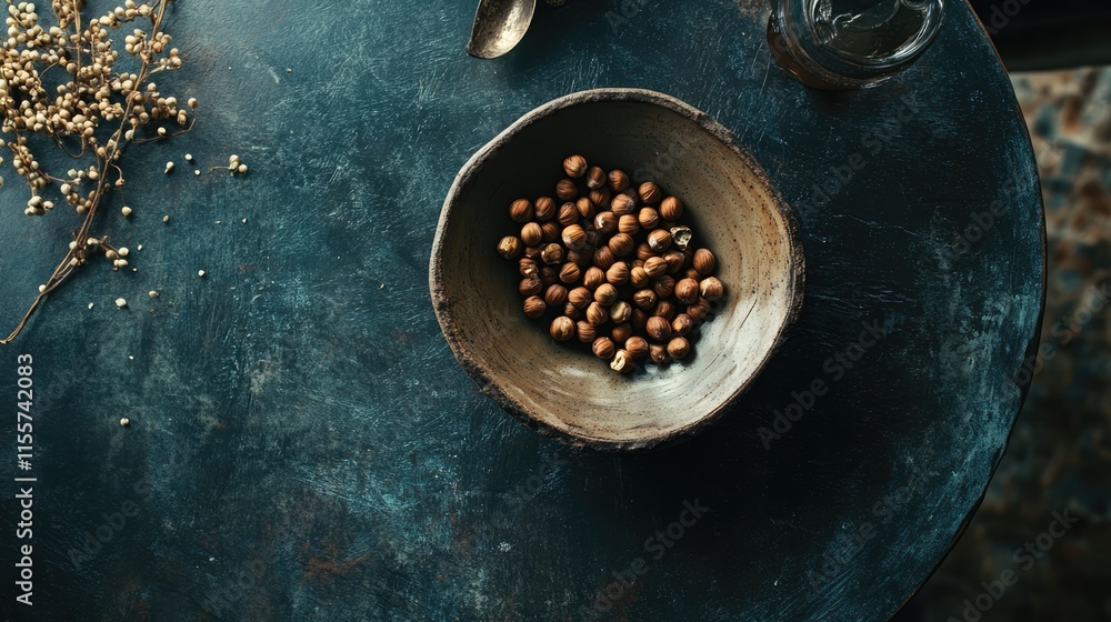 Poster rustic tabletop view featuring a bowl filled with hazelnuts surrounded by natural textured elements 