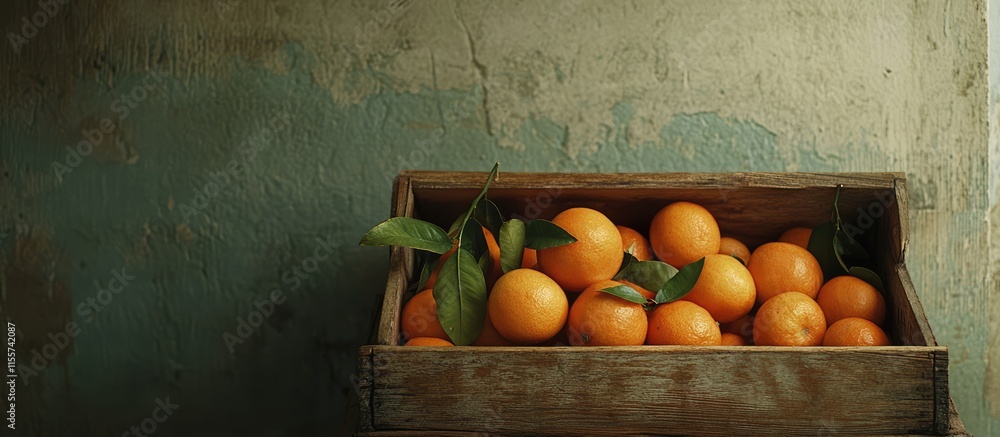 Poster fresh tangerines with green leaves in a rustic wooden box against a textured background with ample c