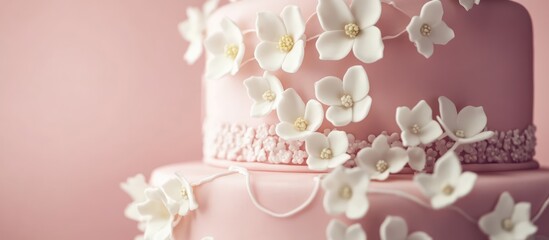Elegant pink wedding cake adorned with delicate white flowers against a soft pink backdrop for a romantic celebration theme.