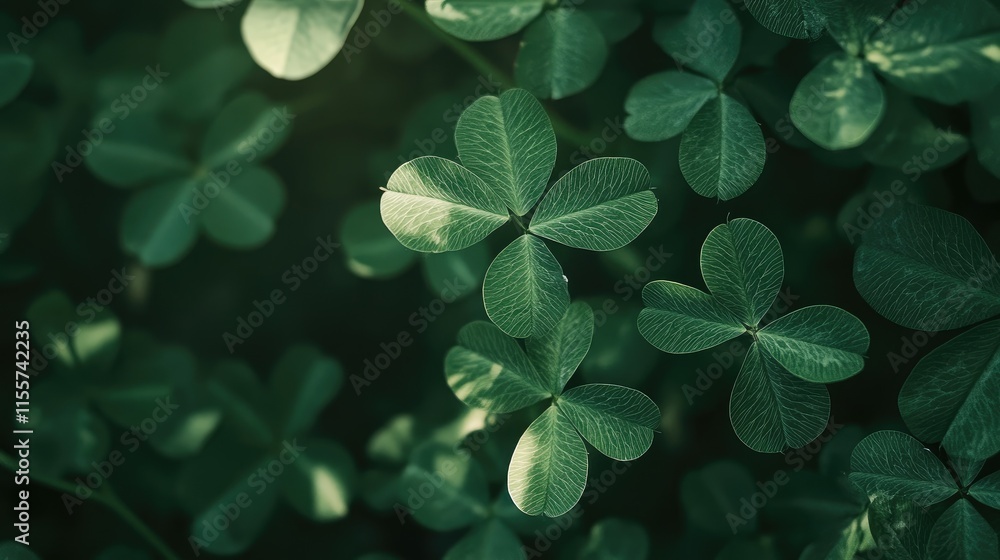 Poster fresh clover leaf texture showcasing vibrant green foliage with intricate patterns illuminated by so