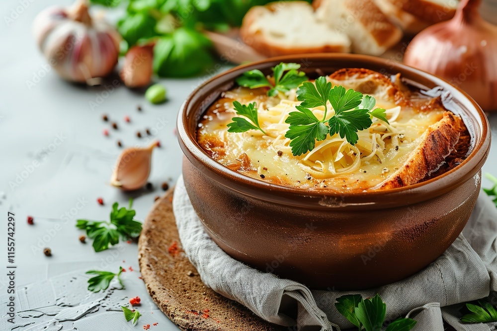 Poster a close shot of of onion soup with bread and cheese from above and up close, set against a pale gree