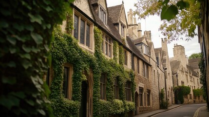 Fototapeta premium Charming residential houses adorned with ivy line the scenic Cathedral Close street near the historic cathedral area.