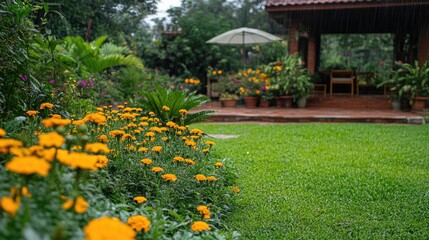 Yellow Marigold flowers in a vibrant backyard garden after rain showcasing lush greenery and cozy outdoor seating area