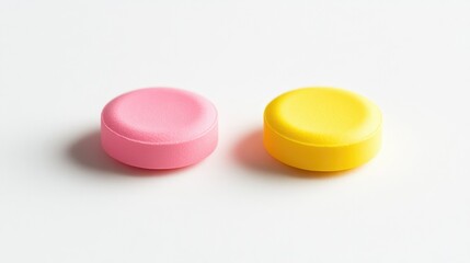 Vibrant yellow and pink tablets displayed on a clean white background showcasing pharmaceutical and wellness themes.