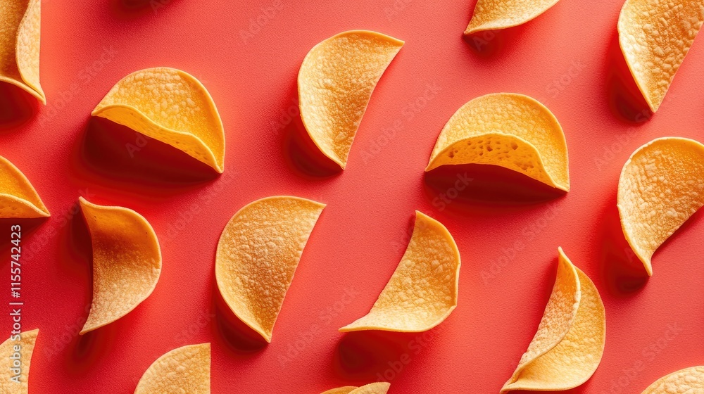 Poster colorful arranged taco shells on vibrant red background creating a playful and appetizing food compo